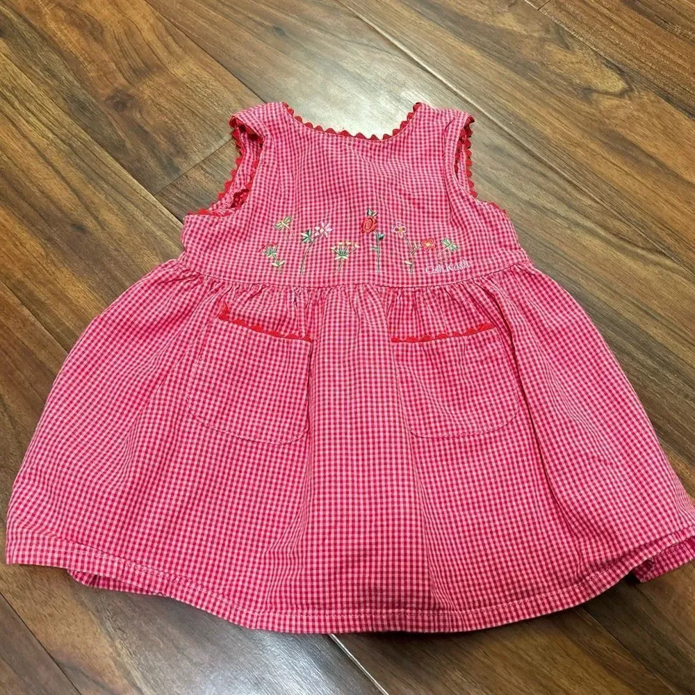 Osh Kosh B’Gosh pink/red plaid embroidered flowers vintage sleeveless dress